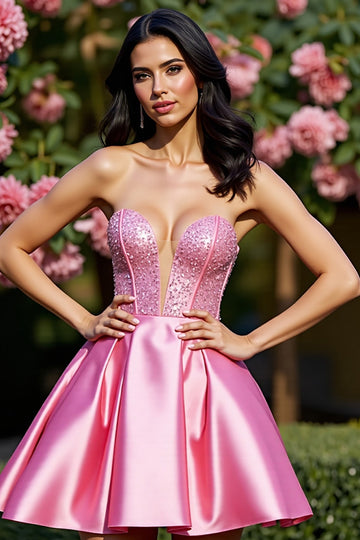 Beaded Strapless A Line Satin Pink Homecoming Dress